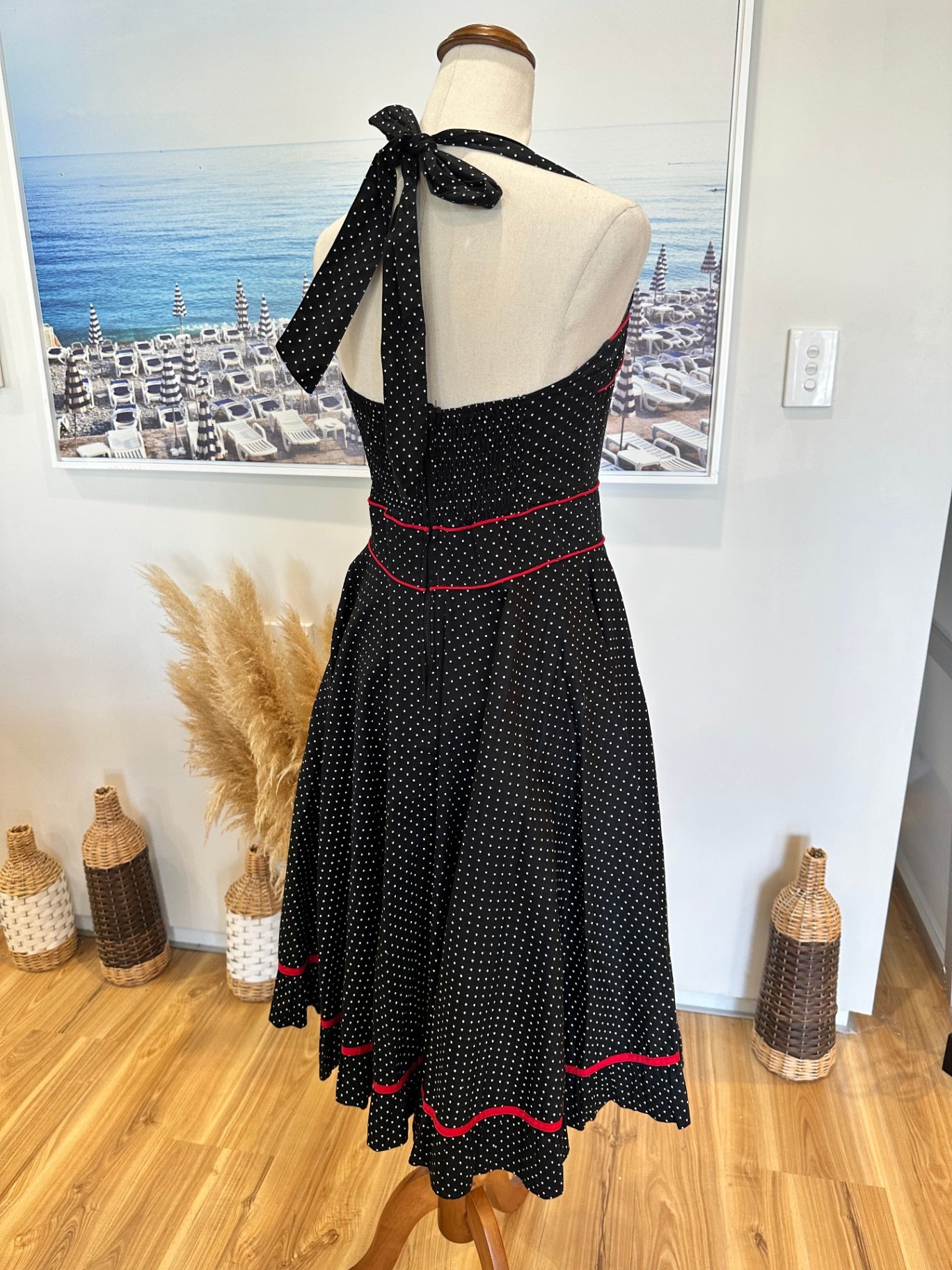 [SALE] Hell Bunny - Rockabilly Dress - Medium - Black with white polka dots and red accents