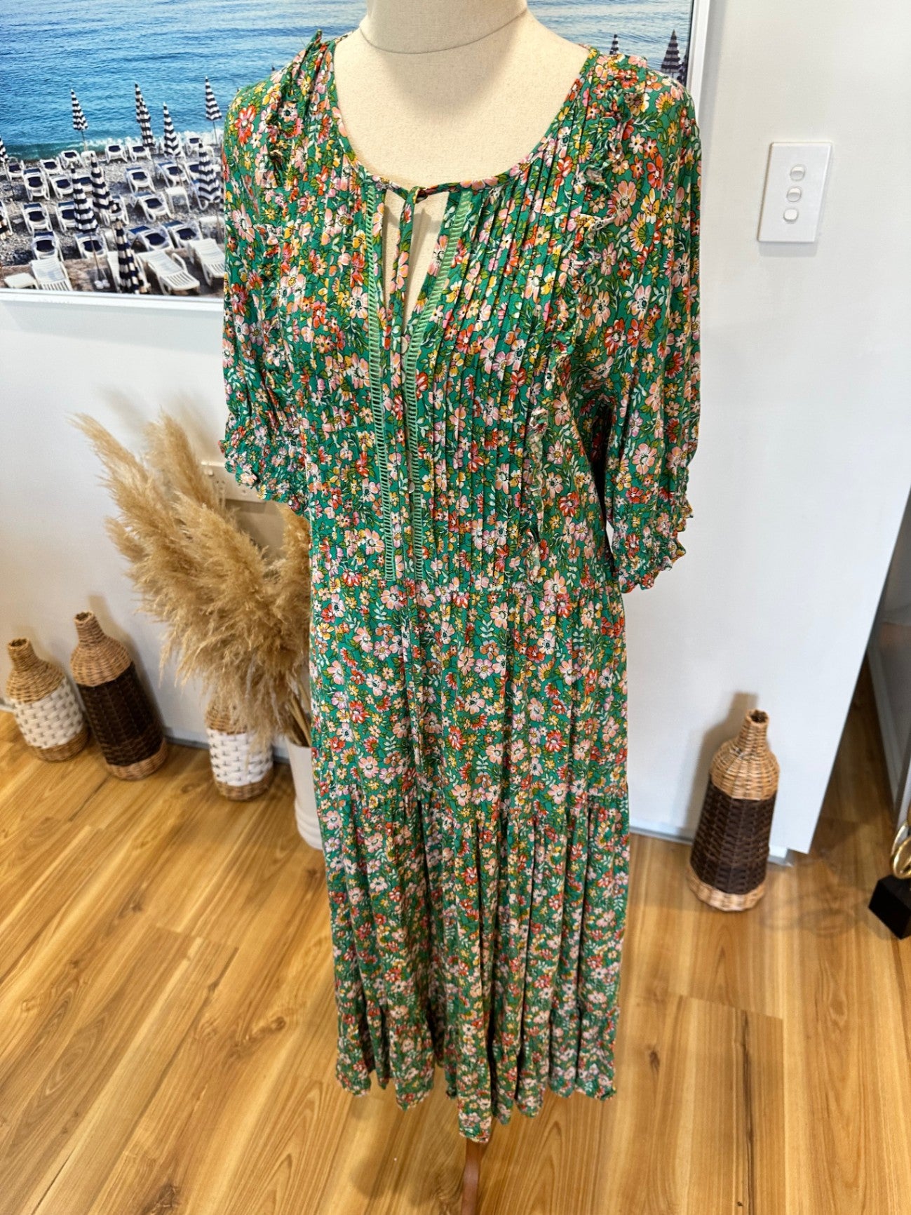 Dreamcatcher - Bohemian - Maxi Dress - Small Green with pink, white, and red floral pattern