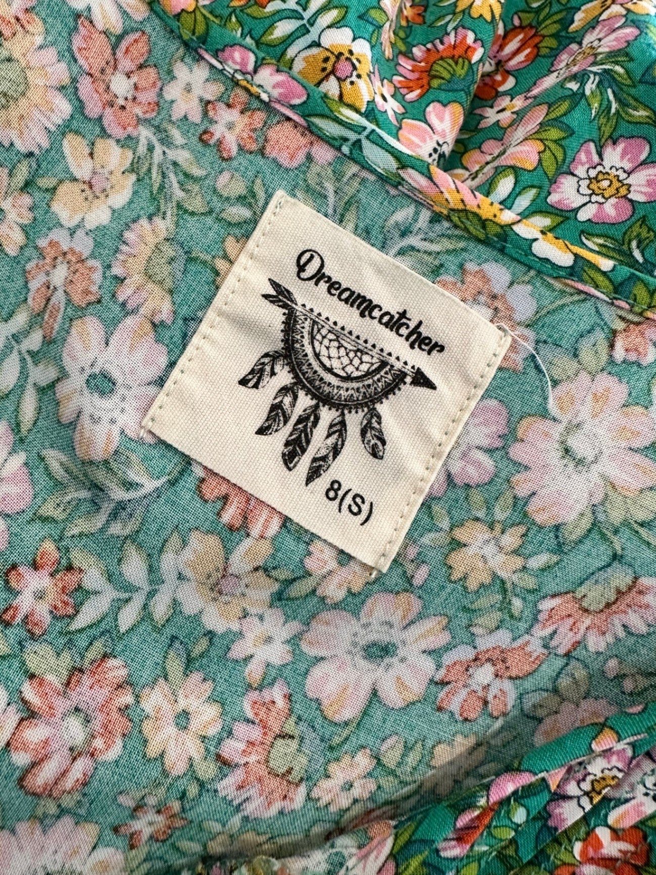 Dreamcatcher - Bohemian - Maxi Dress - Small Green with pink, white, and red floral pattern