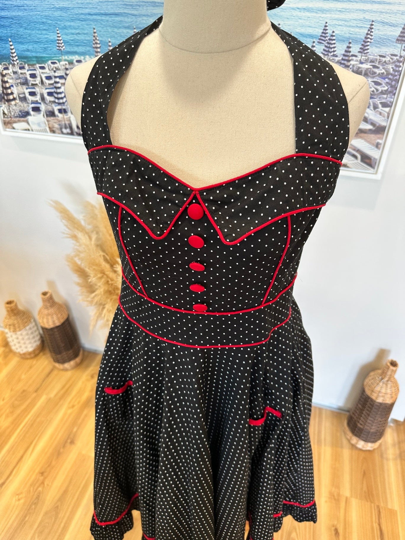 [SALE] Hell Bunny - Rockabilly Dress - Medium - Black with white polka dots and red accents