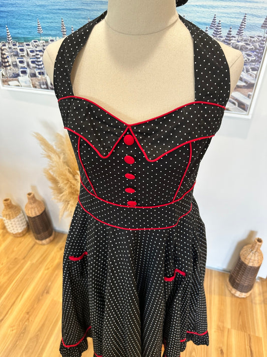 [SALE] Hell Bunny - Rockabilly Dress - Medium - Black with white polka dots and red accents