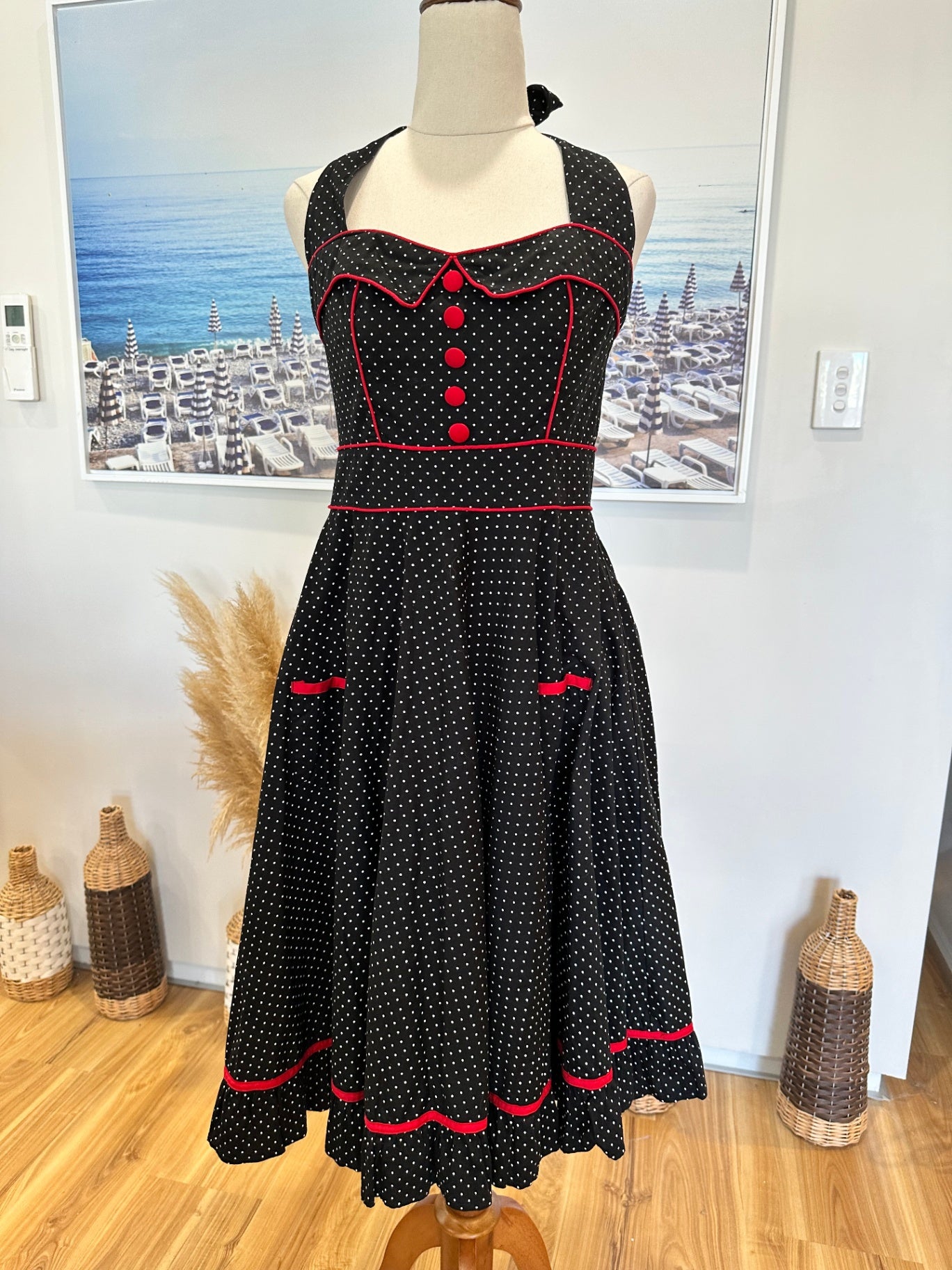 [SALE] Hell Bunny - Rockabilly Dress - Medium - Black with white polka dots and red accents