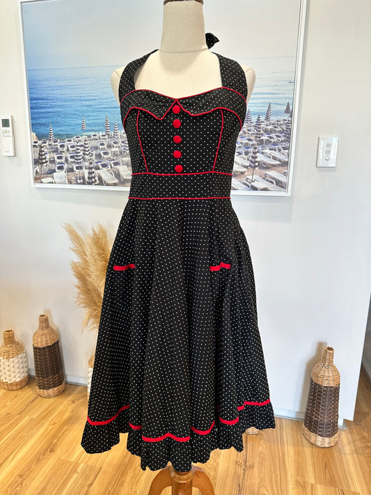 [SALE] Hell Bunny - Rockabilly Dress - Medium - Black with white polka dots and red accents