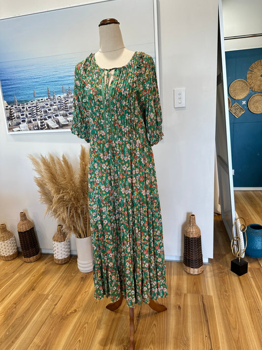 Dreamcatcher - Bohemian - Maxi Dress - Small Green with pink, white, and red floral pattern