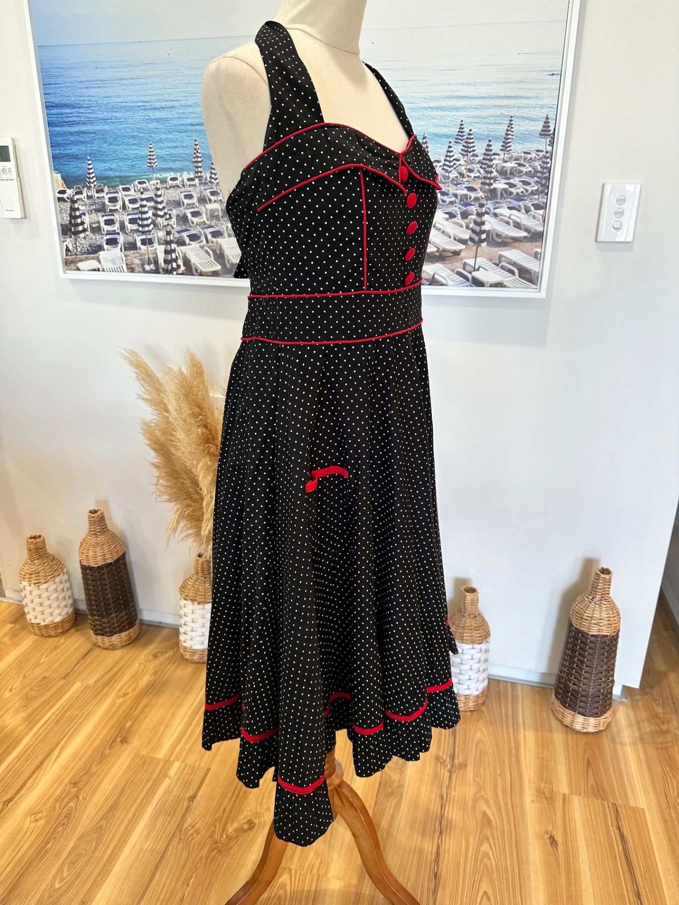 [SALE] Hell Bunny - Rockabilly Dress - Medium - Black with white polka dots and red accents