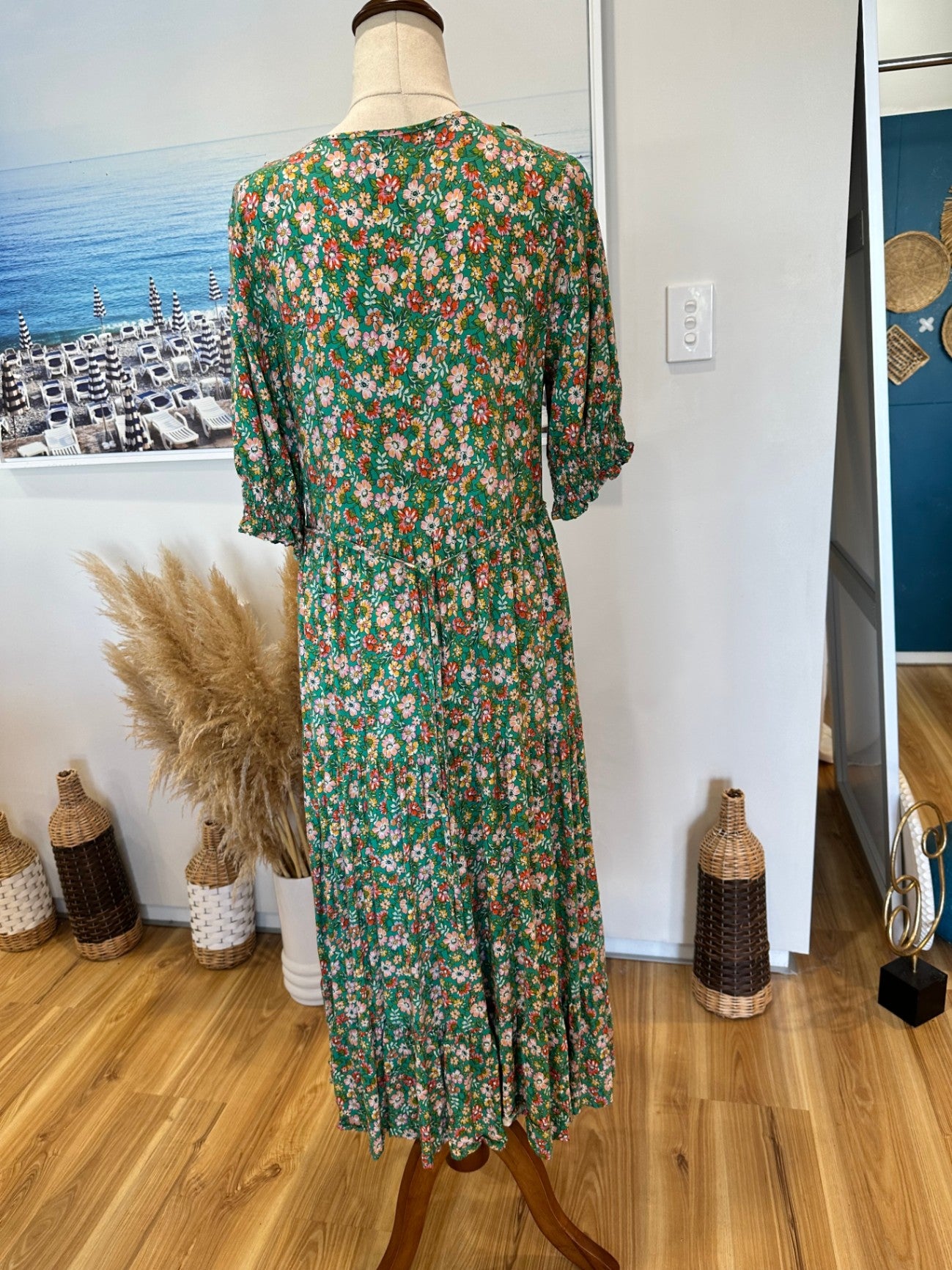 Dreamcatcher - Bohemian - Maxi Dress - Small Green with pink, white, and red floral pattern