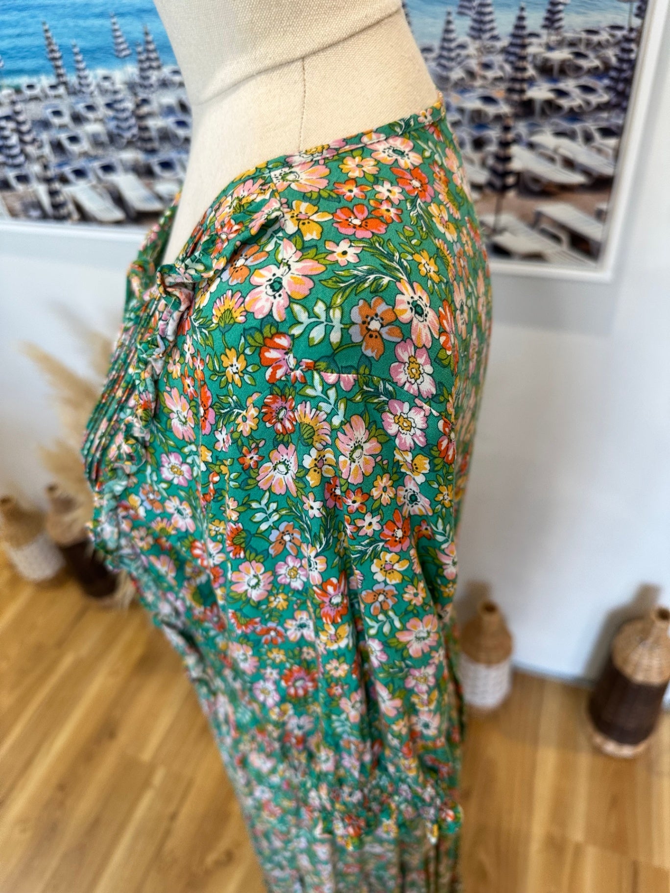 Dreamcatcher - Bohemian - Maxi Dress - Small Green with pink, white, and red floral pattern