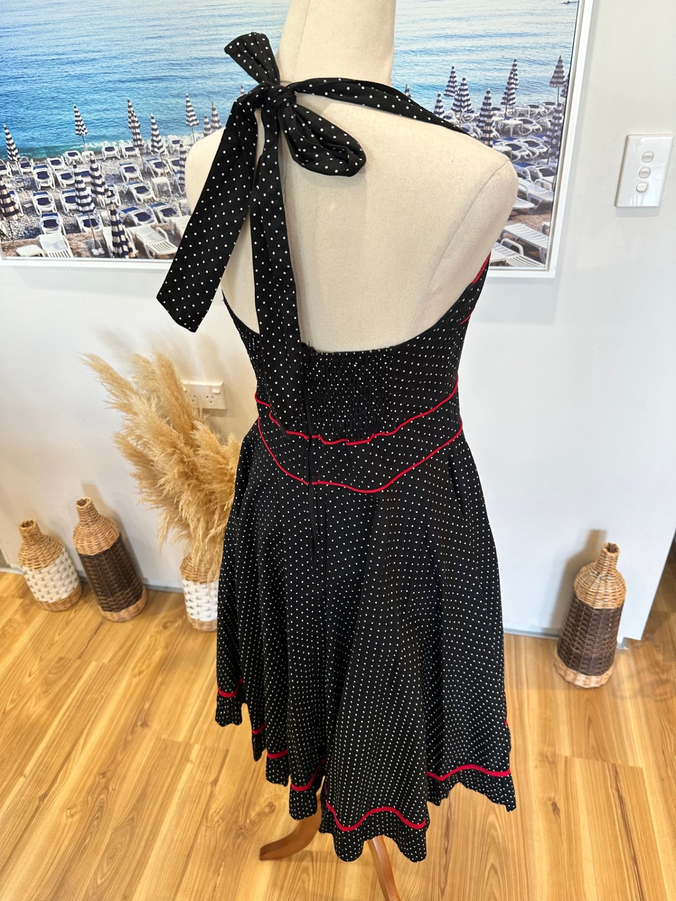 [SALE] Hell Bunny - Rockabilly Dress - Medium - Black with white polka dots and red accents