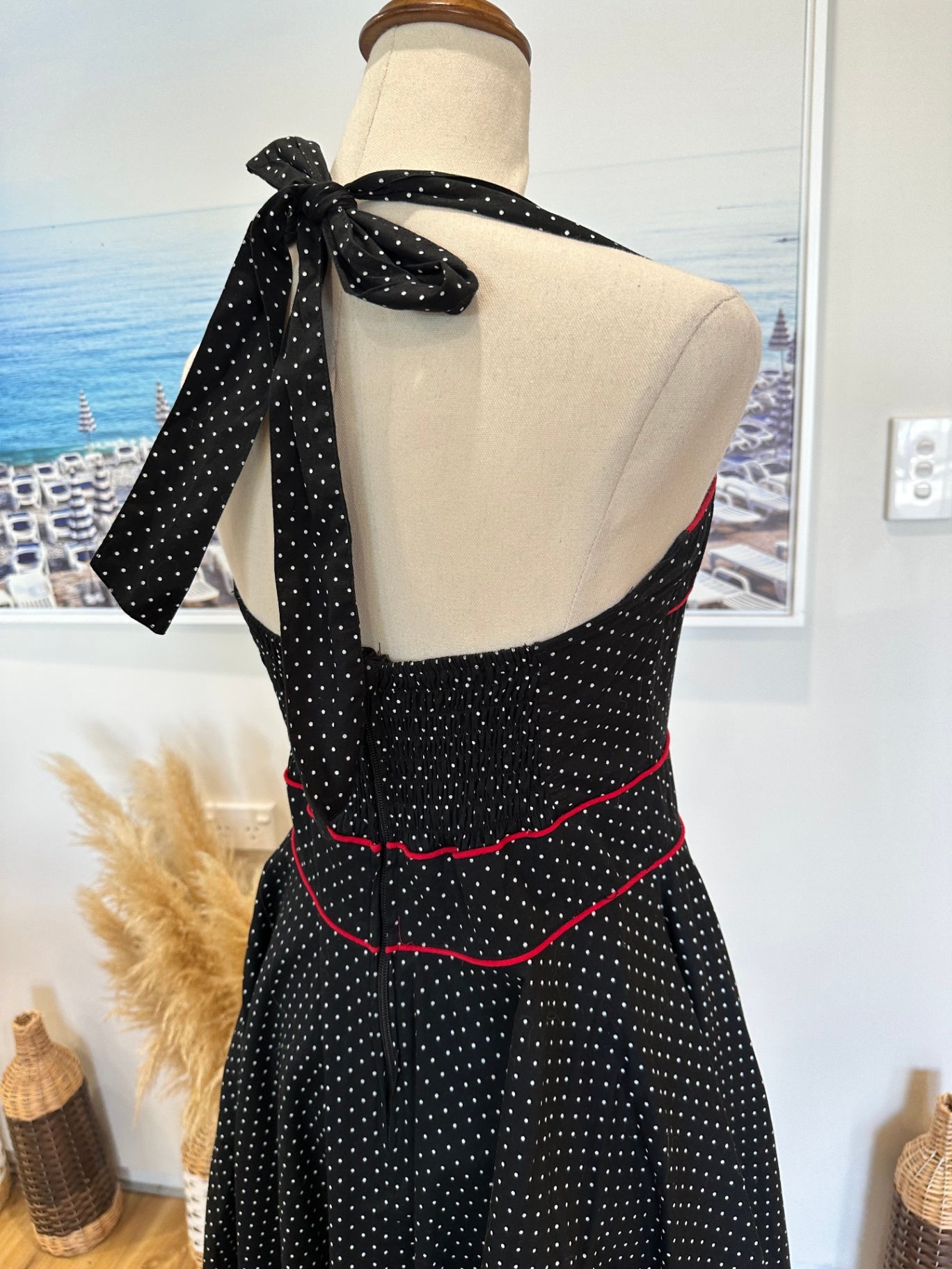 [SALE] Hell Bunny - Rockabilly Dress - Medium - Black with white polka dots and red accents