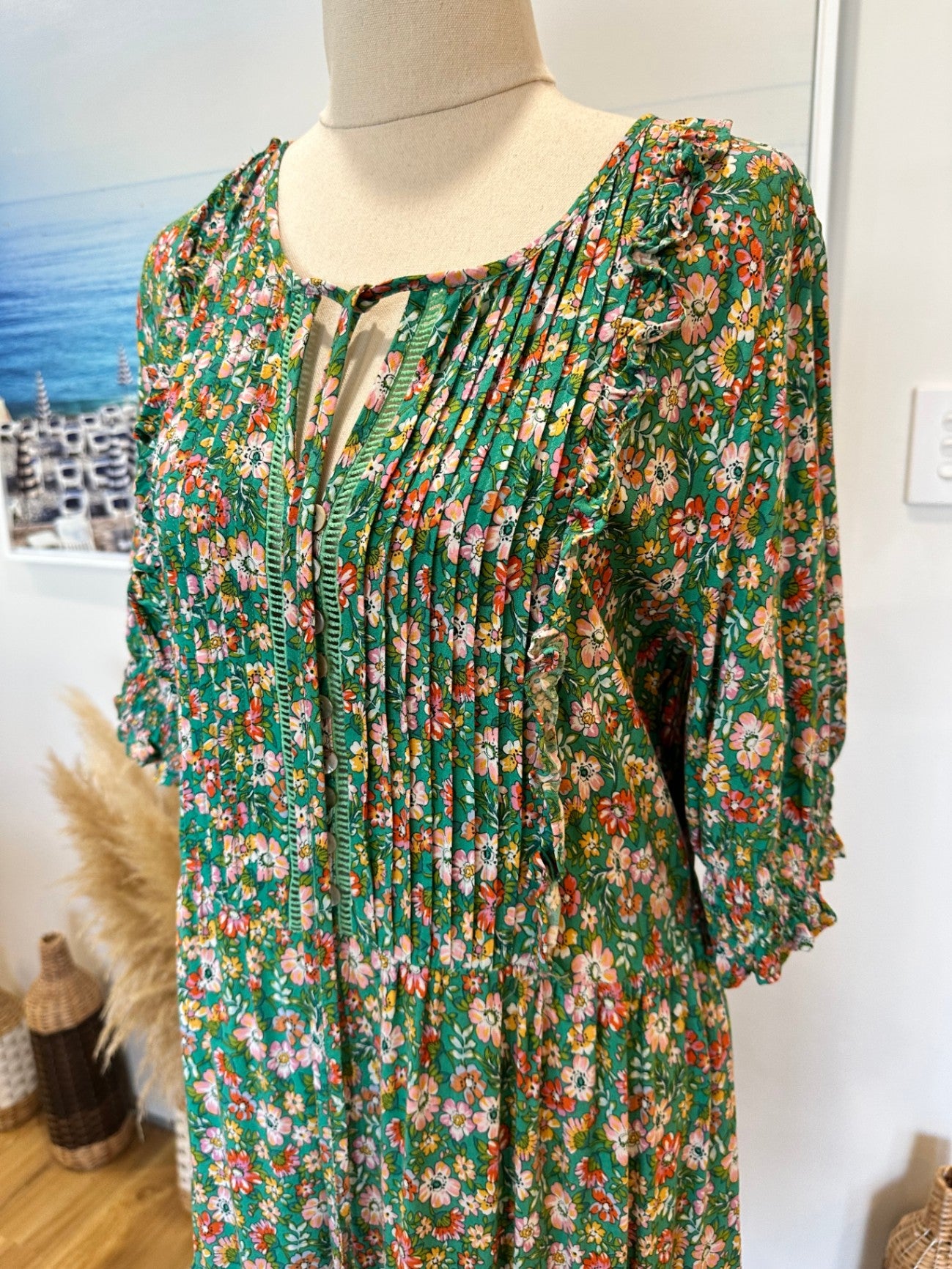 Dreamcatcher - Bohemian - Maxi Dress - Small Green with pink, white, and red floral pattern