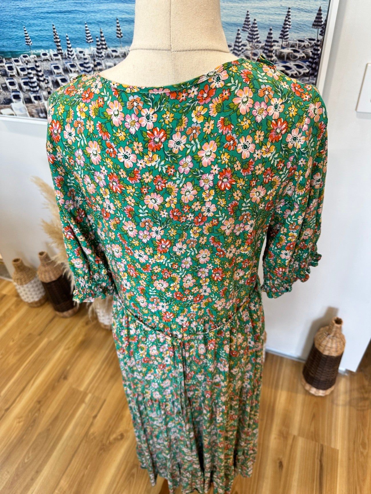 Dreamcatcher - Bohemian - Maxi Dress - Small Green with pink, white, and red floral pattern