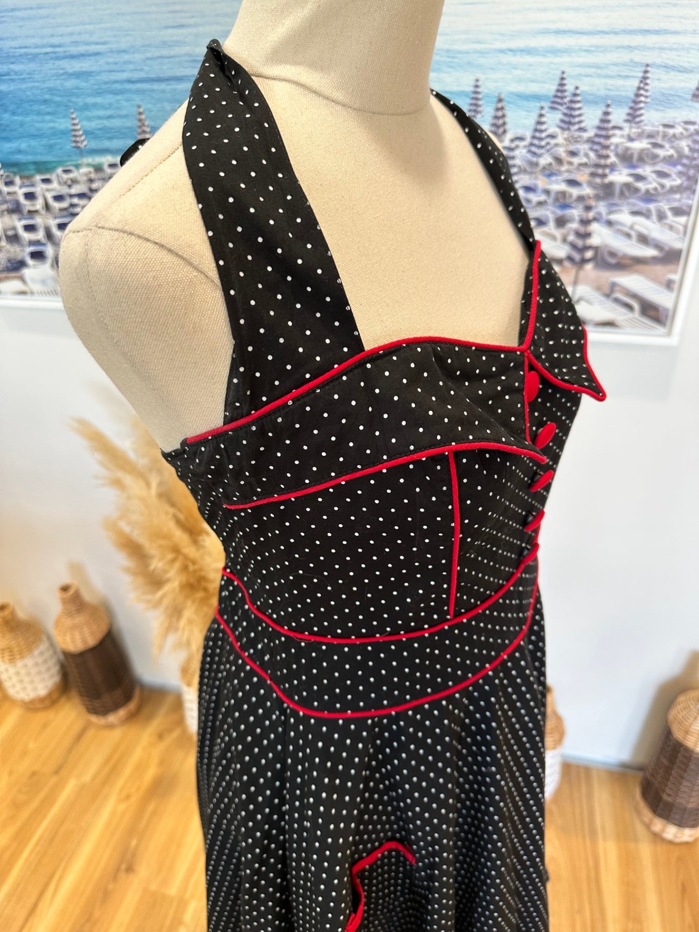 [SALE] Hell Bunny - Rockabilly Dress - Medium - Black with white polka dots and red accents