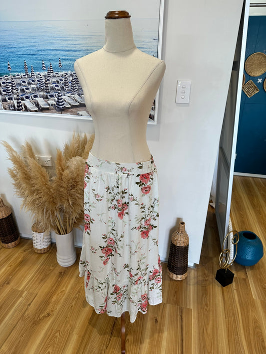Linen blend Skirt - Size 12 - Cream with pink and green floral pattern