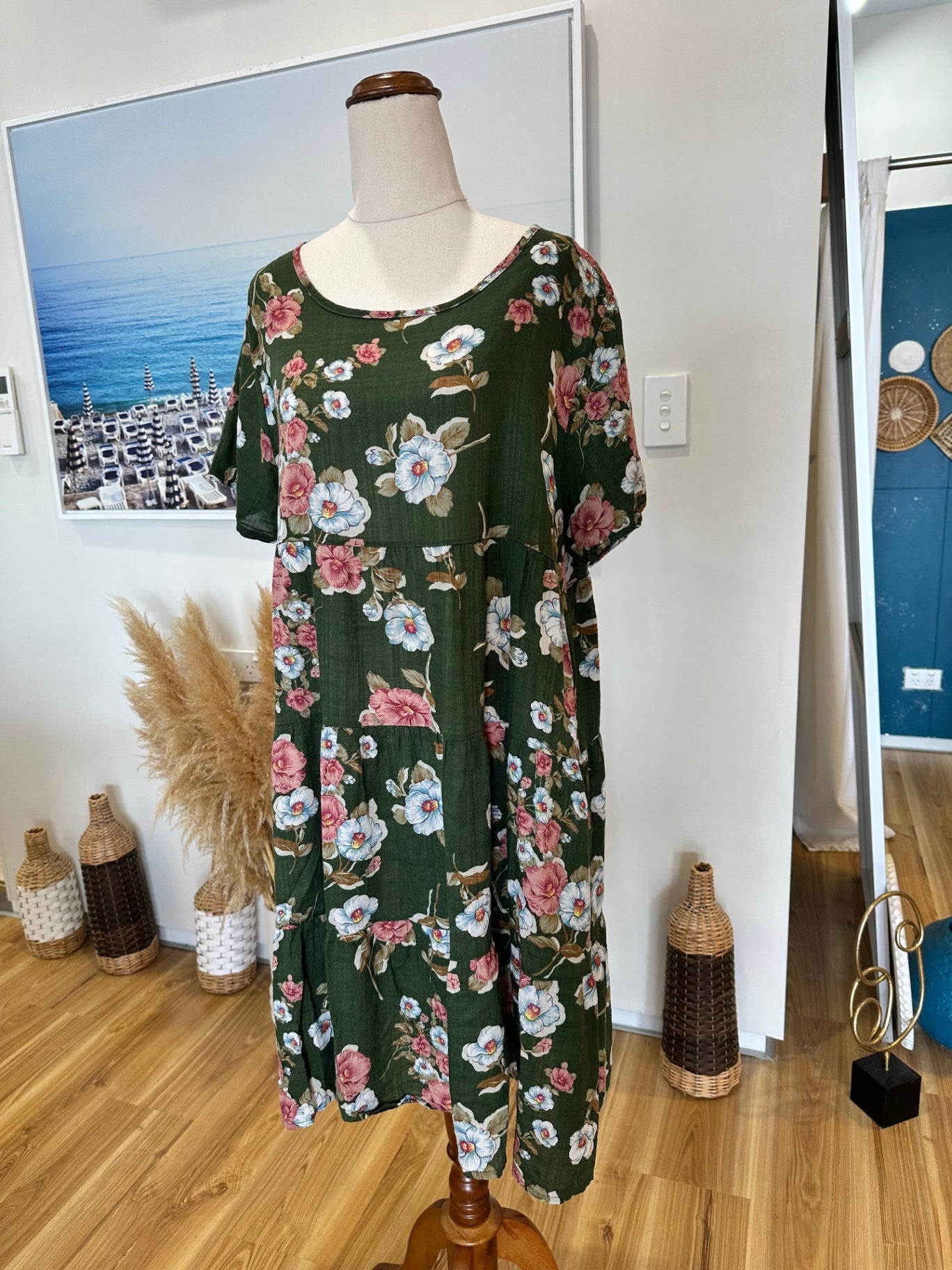 Bohemian Dress - Medium - Green with multicolored floral pattern