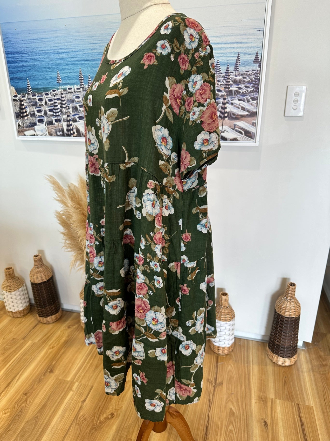 Bohemian Dress - Medium - Green with multicolored floral pattern