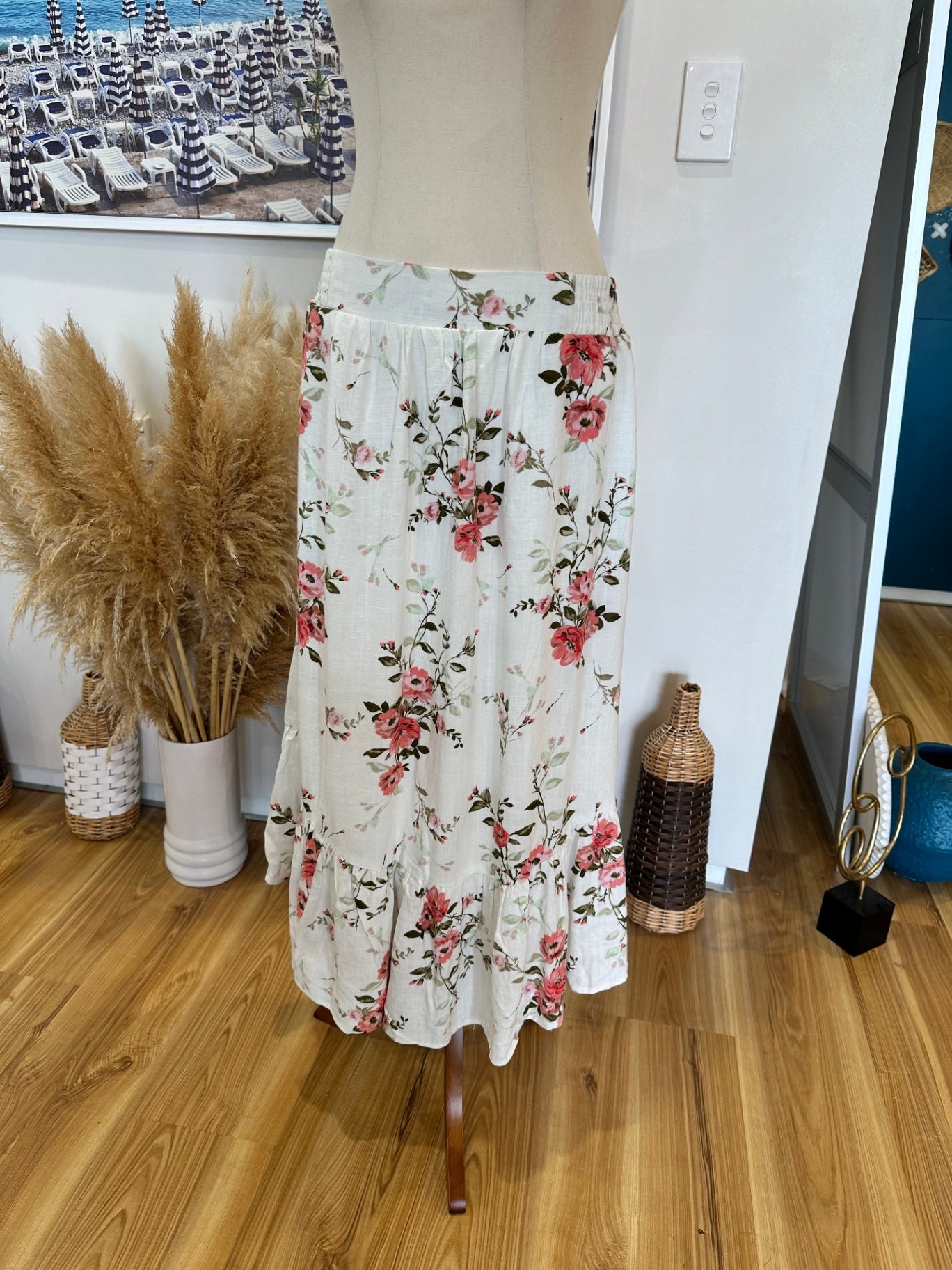 Linen blend Skirt - Size 12 - Cream with pink and green floral pattern