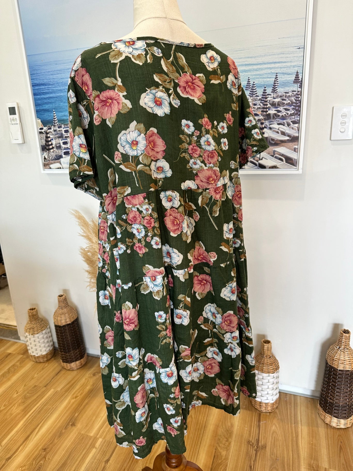 Bohemian Dress - Medium - Green with multicolored floral pattern