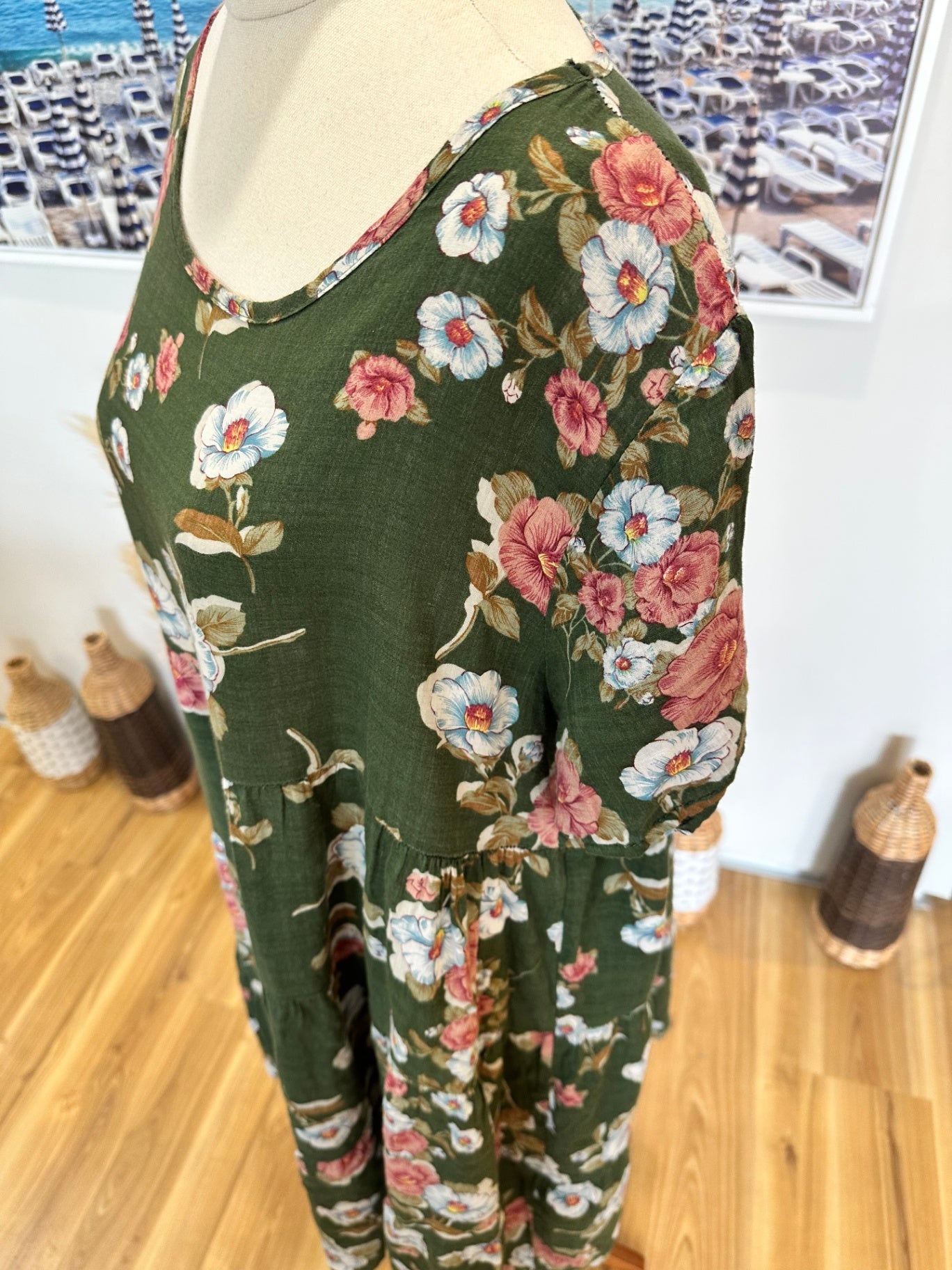 Bohemian Dress - Medium - Green with multicolored floral pattern