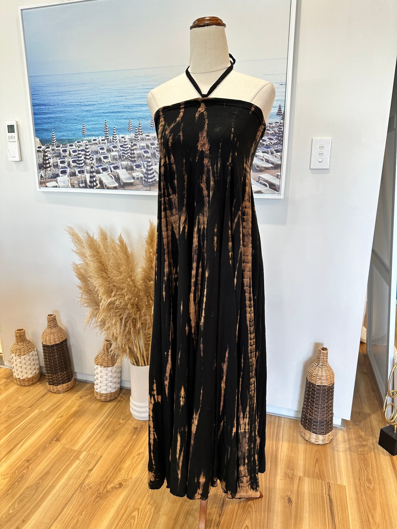 [SALE] Mariposa Dress - Small - Black with brown tie-dye pattern