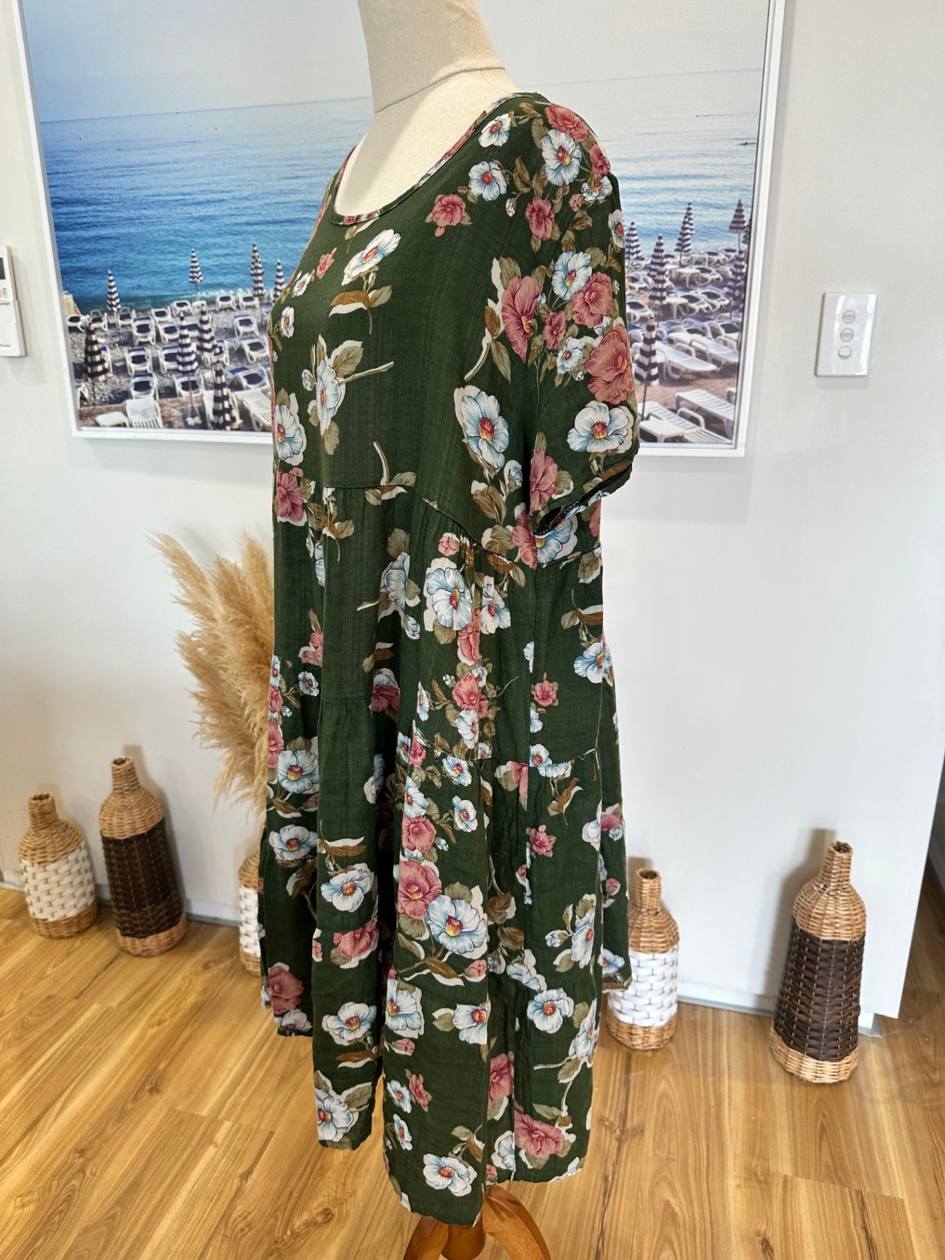 Bohemian Dress - Medium - Green with multicolored floral pattern