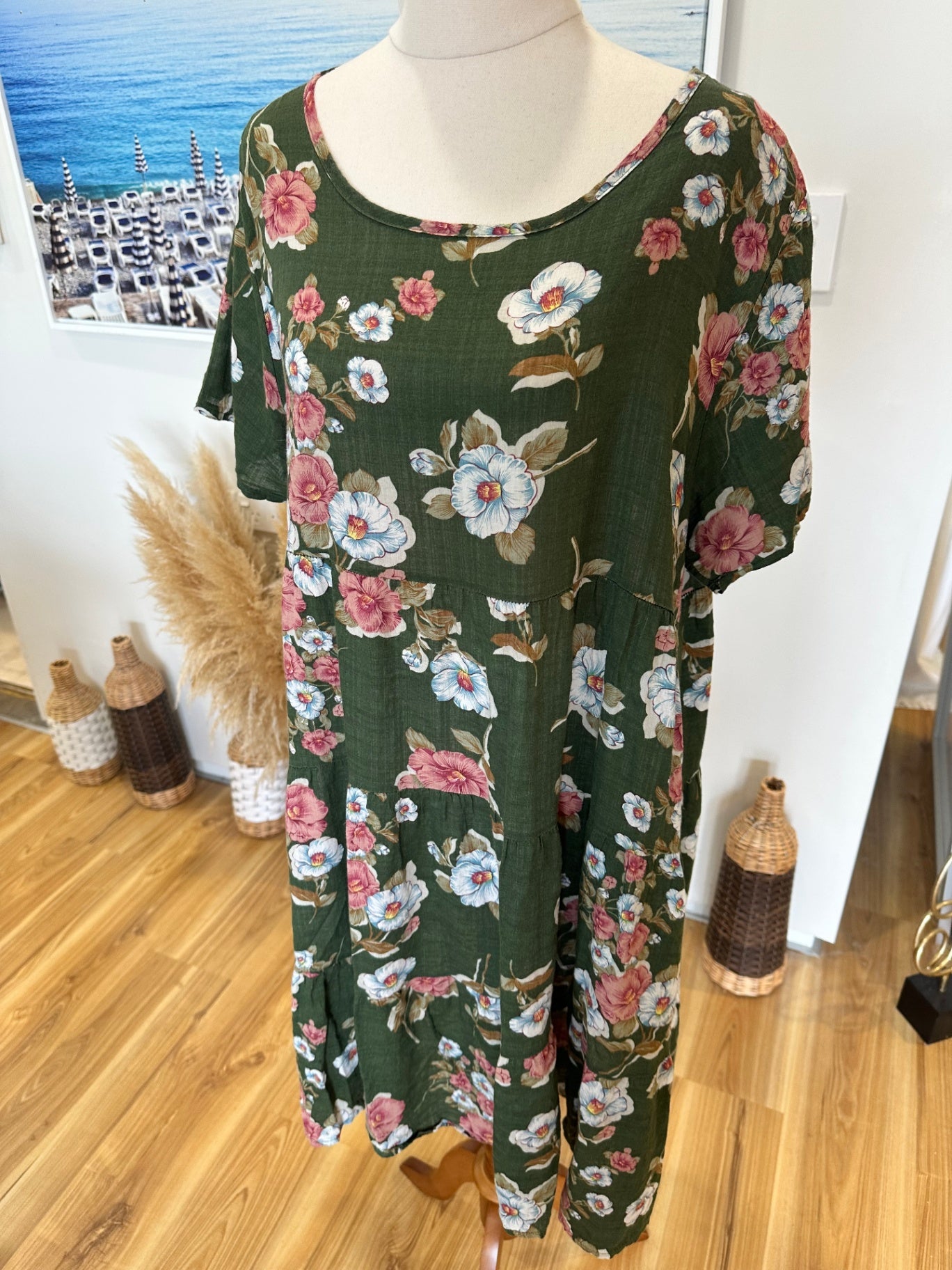 Bohemian Dress - Medium - Green with multicolored floral pattern