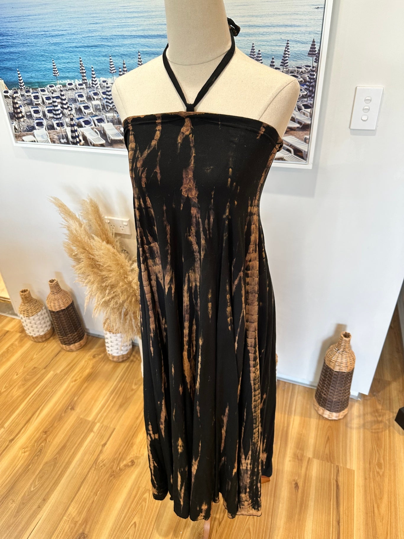 [SALE] Mariposa Dress - Small - Black with brown tie-dye pattern