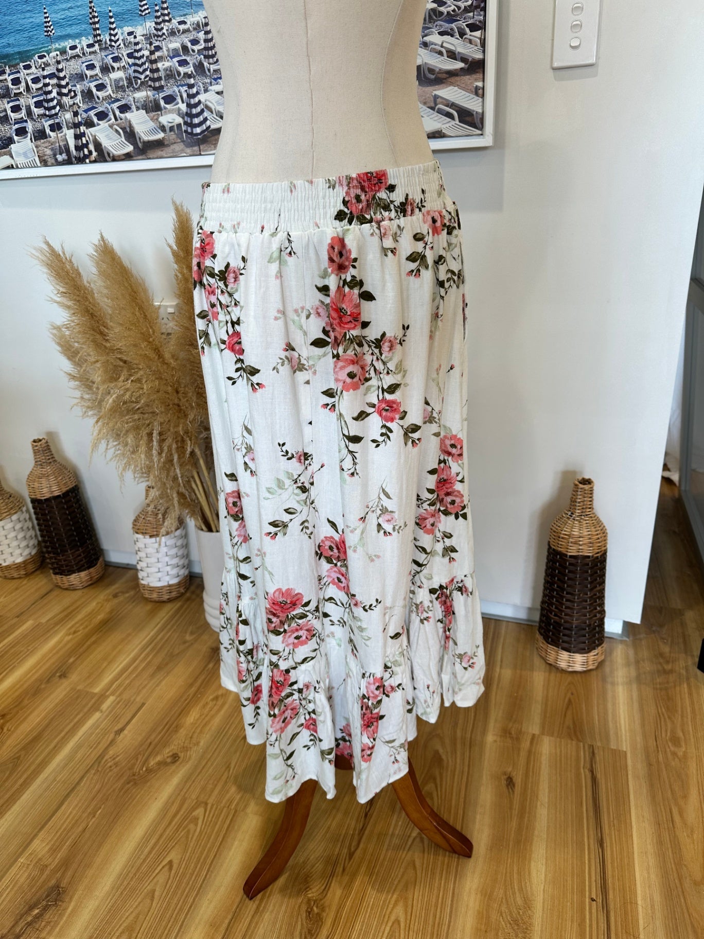 Linen blend Skirt - Size 12 - Cream with pink and green floral pattern