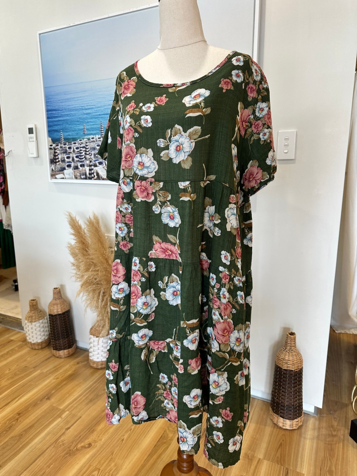 Bohemian Dress - Medium - Green with multicolored floral pattern