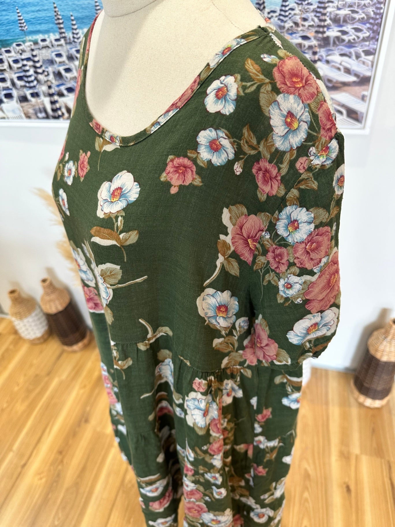 Bohemian Dress - Medium - Green with multicolored floral pattern