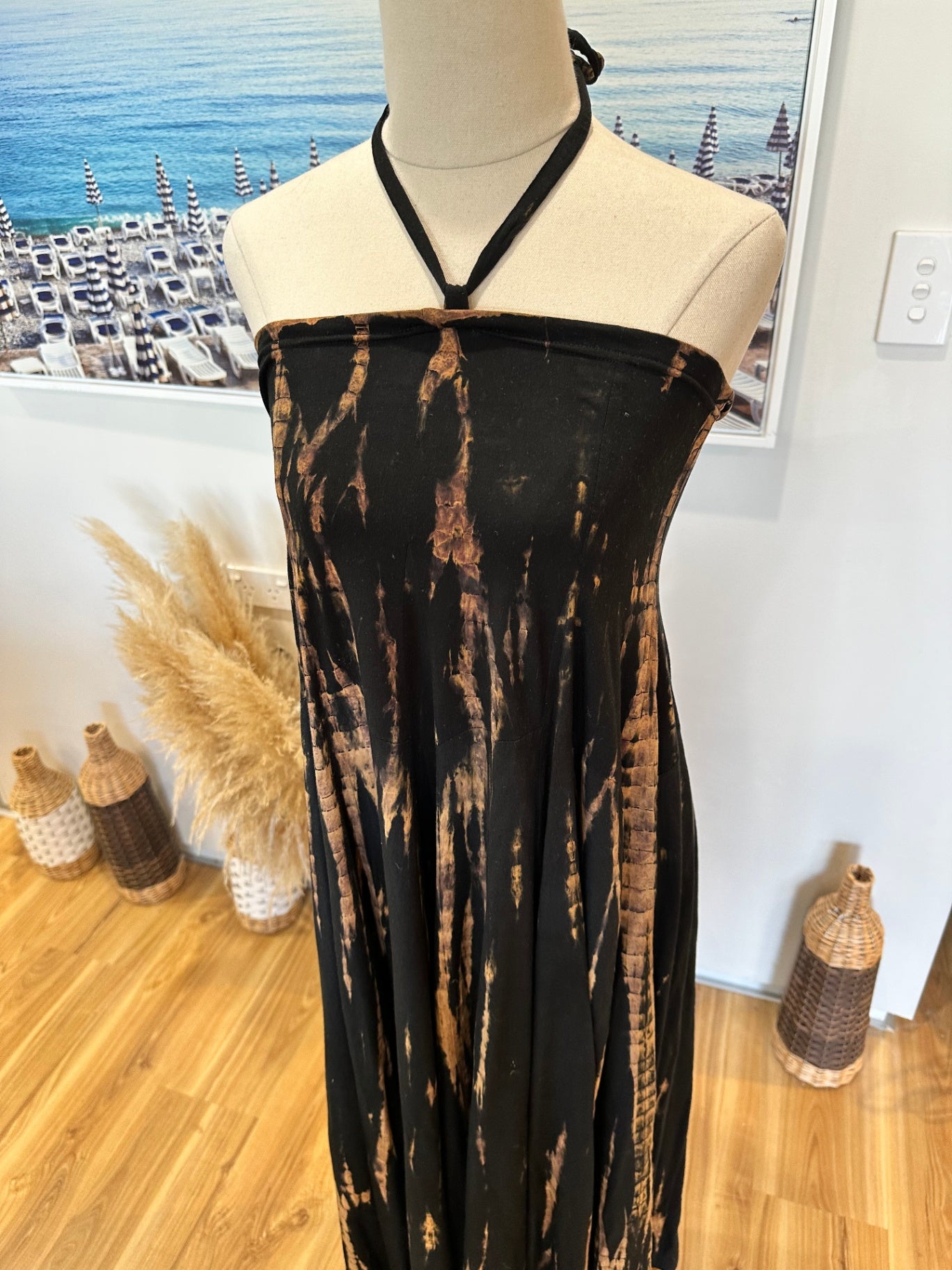 [SALE] Mariposa Dress - Small - Black with brown tie-dye pattern