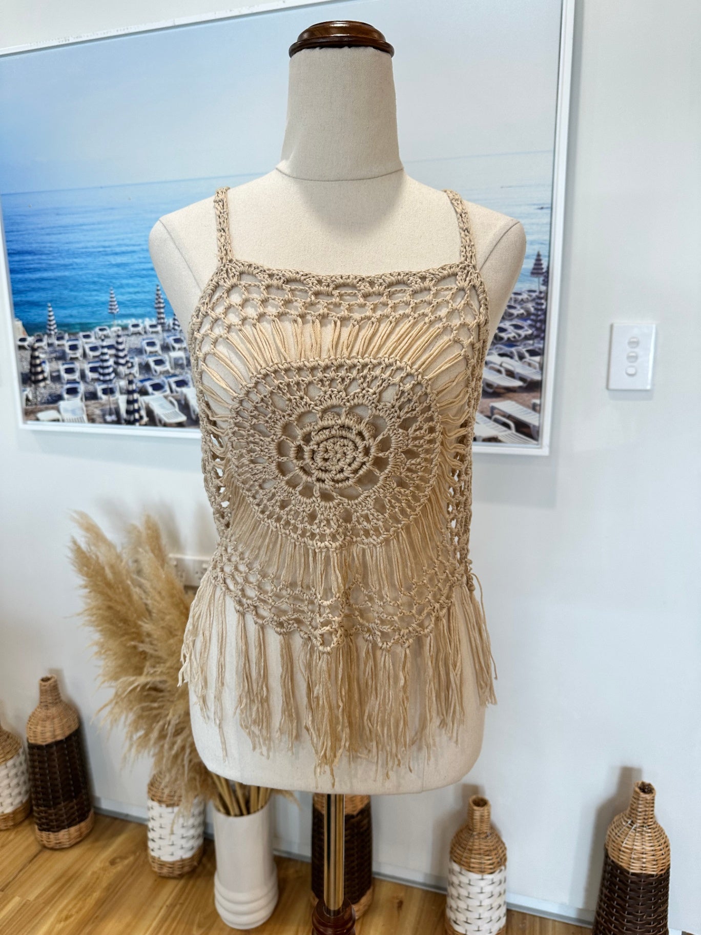 Crochet Singlet Top - Small - Beige