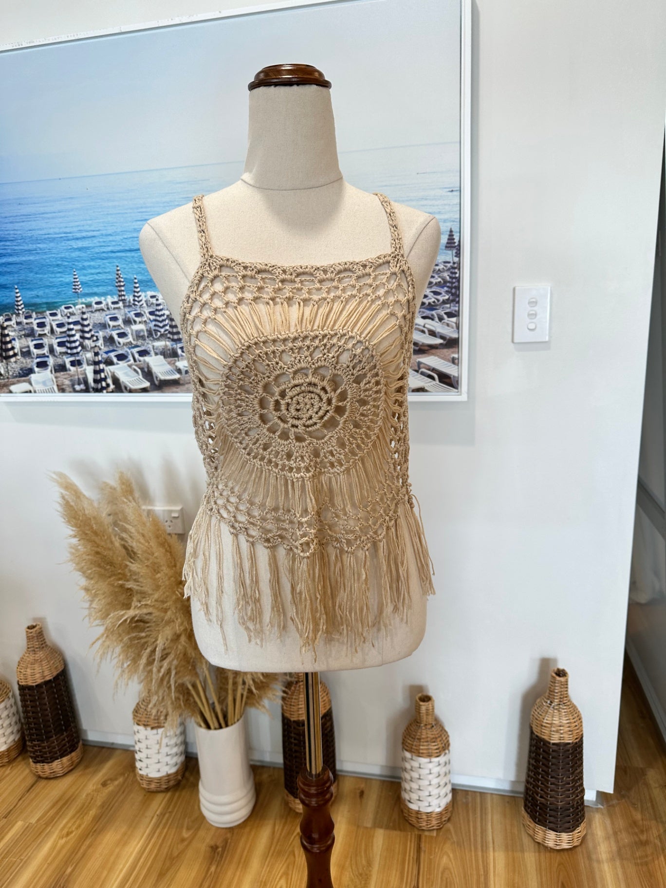 Crochet Singlet Top - Small - Beige