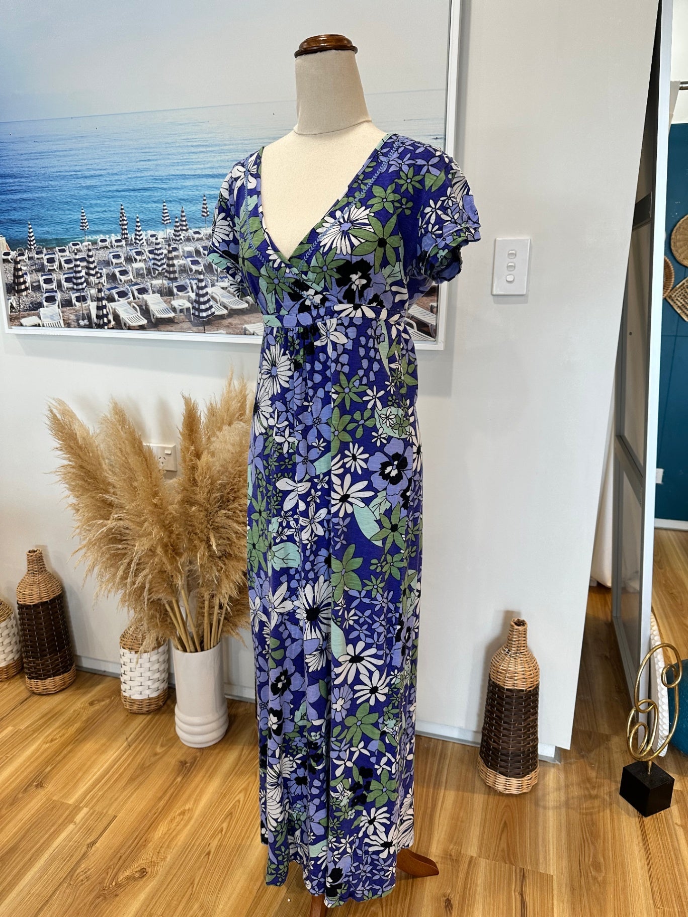 Faithful + True - Maxi Dress - Size 10 - Blue / Green Florals