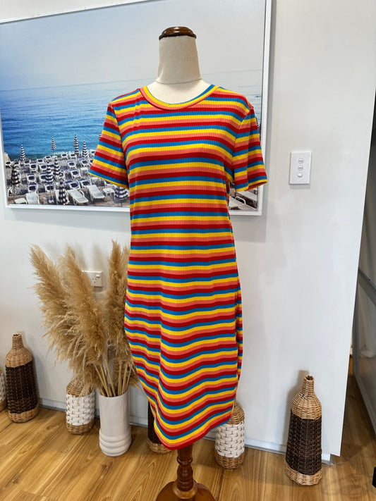 Ribbed T-Shirt Dress - Size Medium - Red, yellow, blue, green