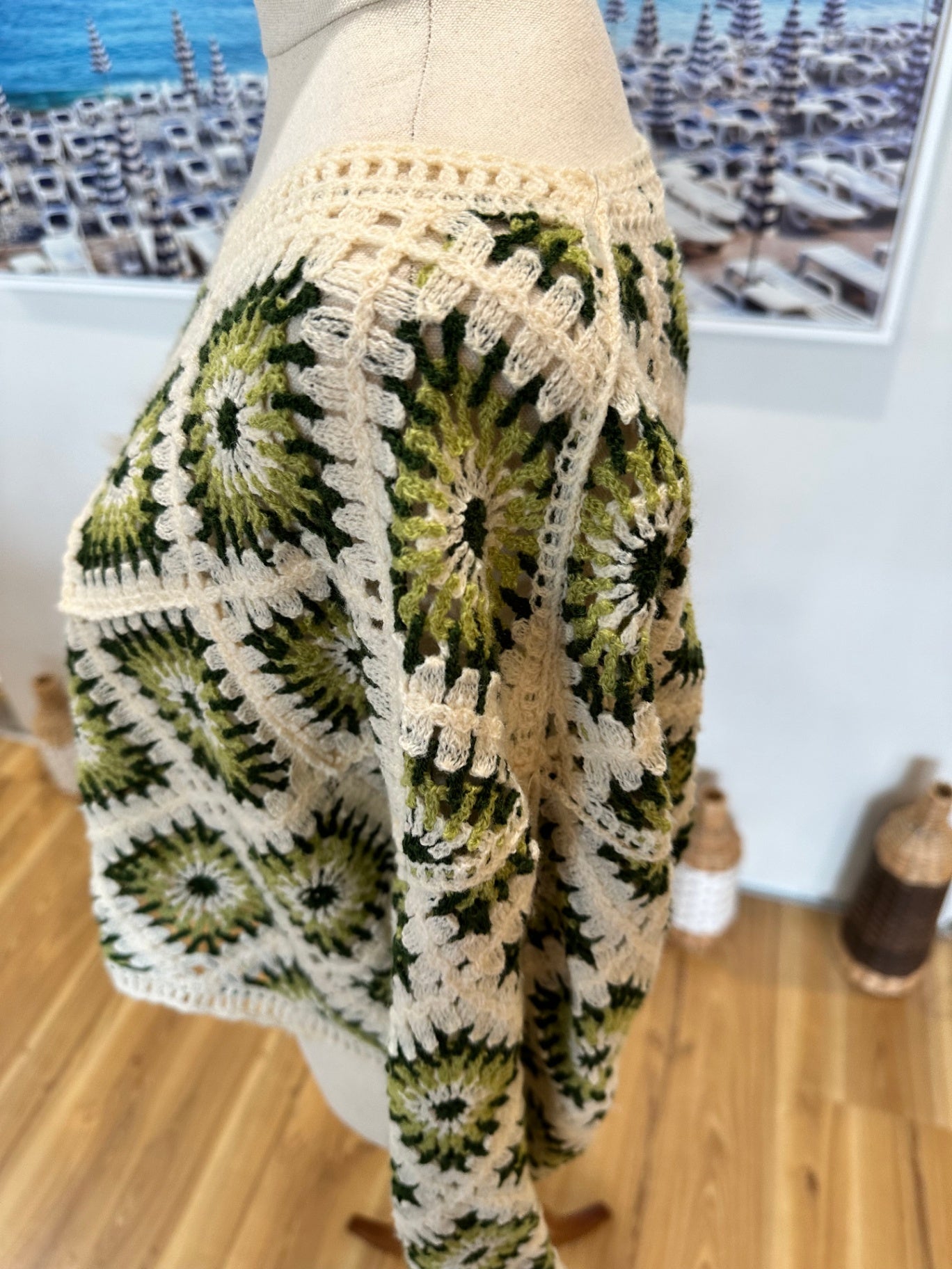 Crochet Inspired - Cropped Jumper - Small / Medium - Cream, Green, Black