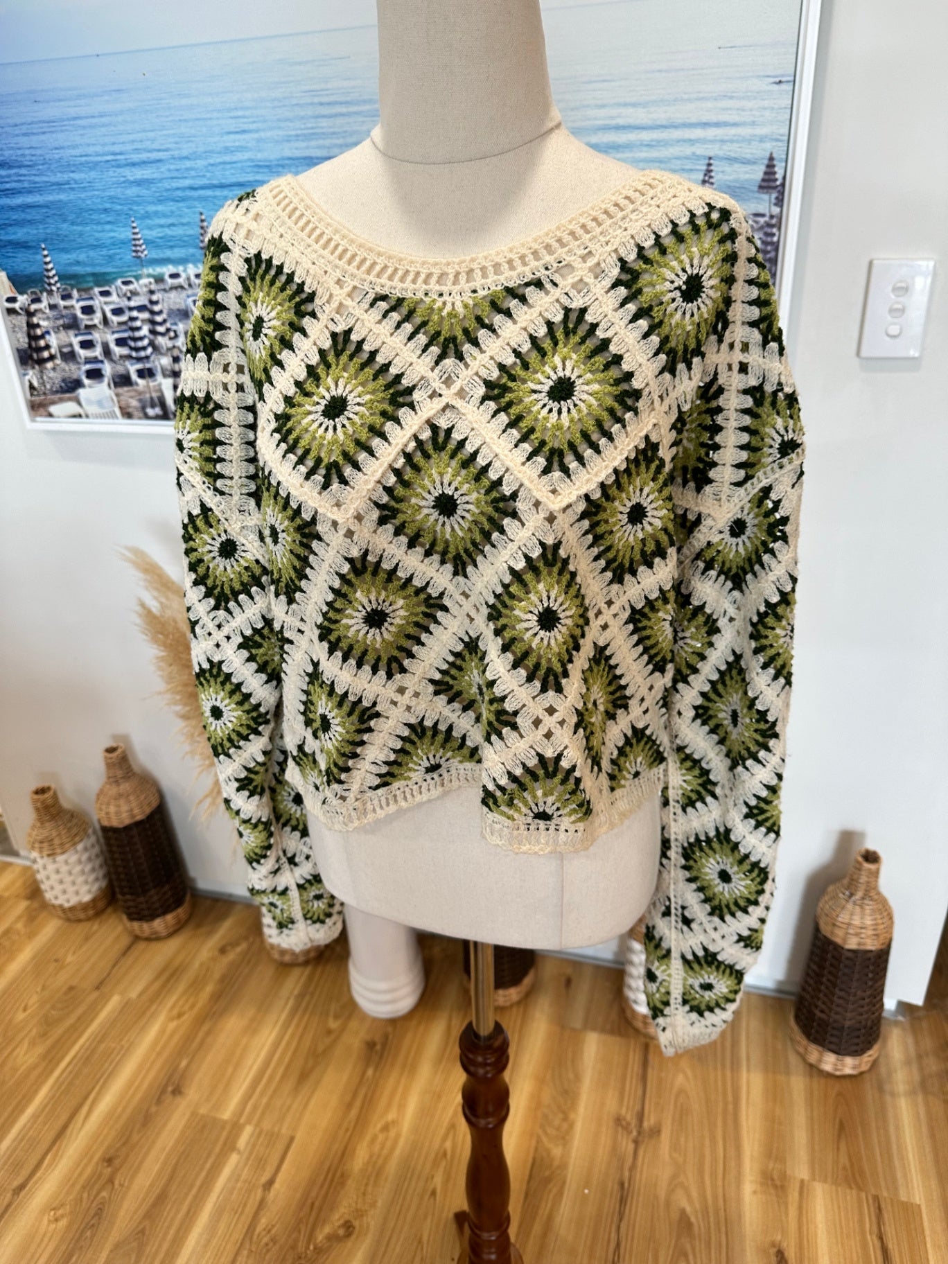Crochet Inspired - Cropped Jumper - Small / Medium - Cream, Green, Black
