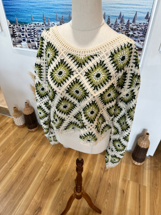 Crochet Inspired - Cropped Jumper - Small / Medium - Cream, Green, Black