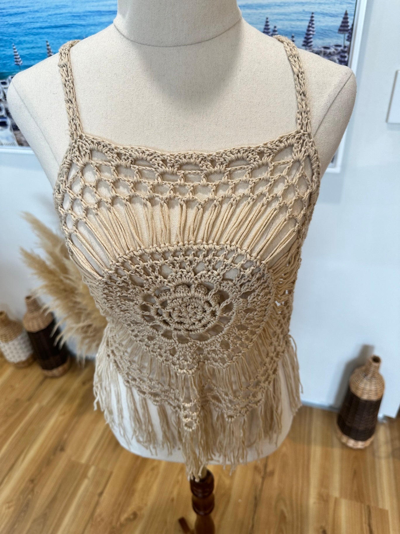 Crochet Singlet Top - Small - Beige