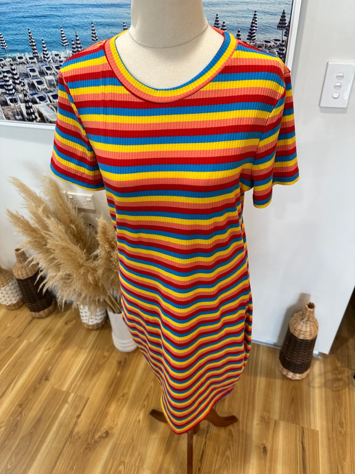 Ribbed T-Shirt Dress - Size Medium - Red, yellow, blue, green