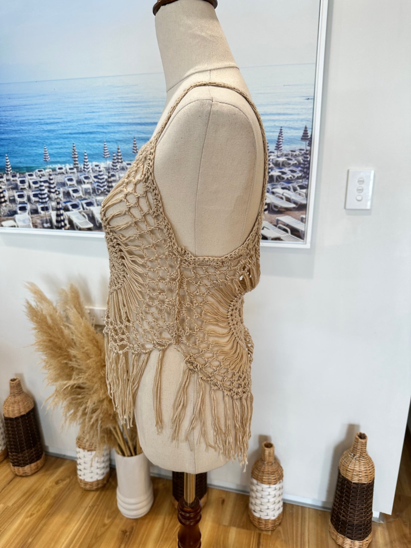 Crochet Singlet Top - Small - Beige