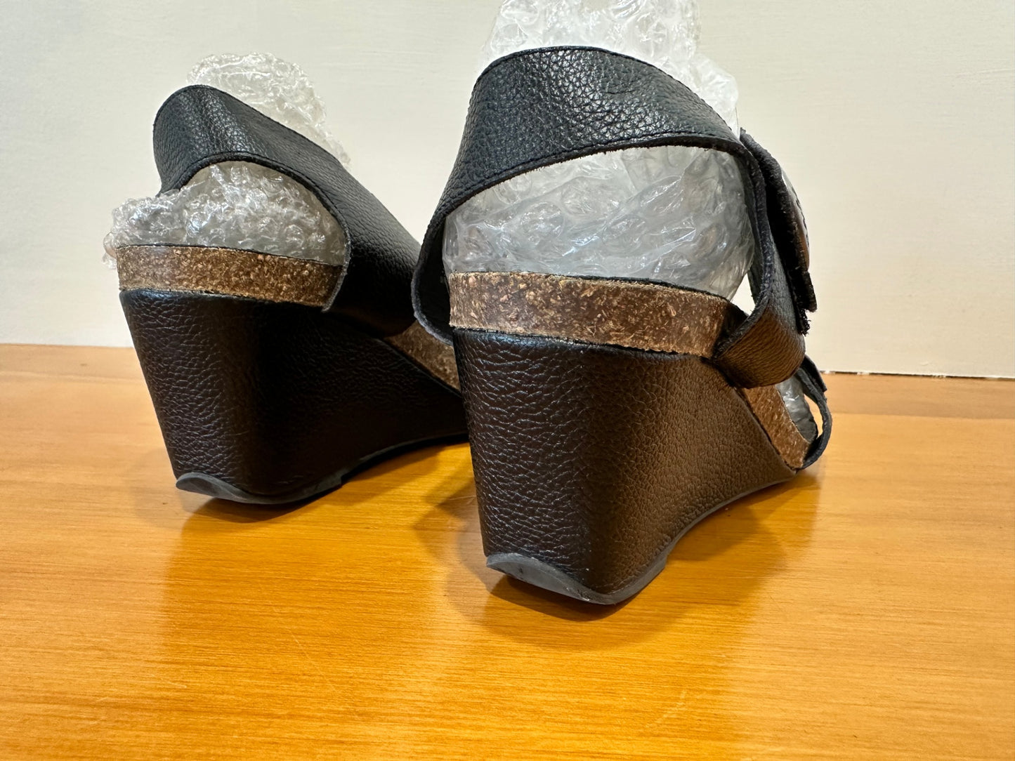 Taking Shape - Black Leather Wedge Sandals - Size EU 41