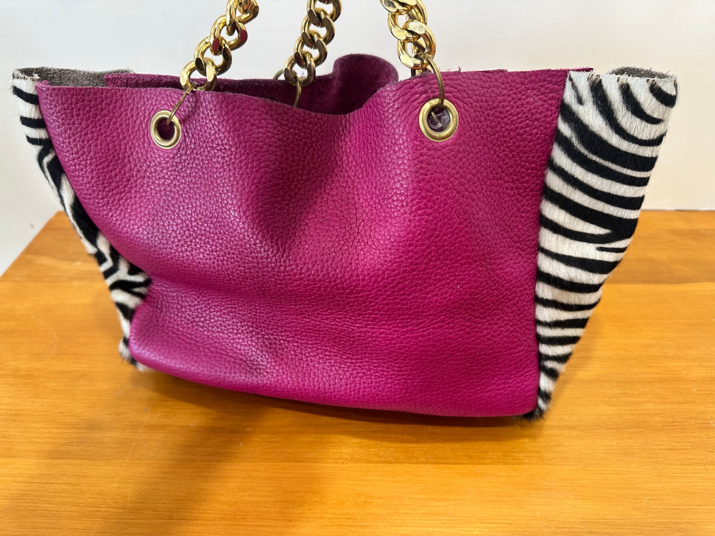 Leather Handbag - Pink w Zebra print