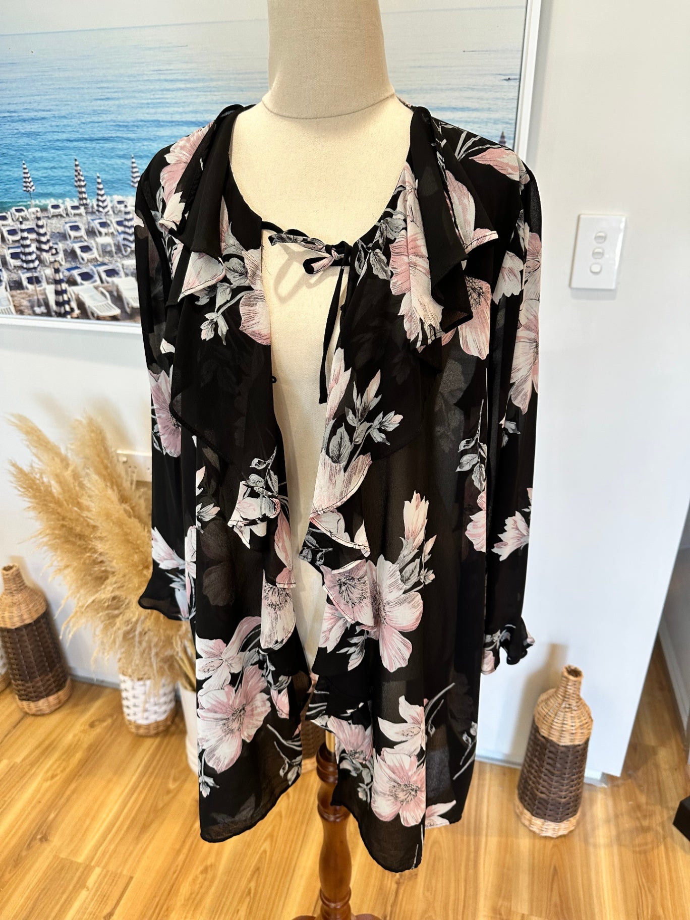 Taking Shape - Cardigan - Size 12 - Black with pink and white floral pattern - [New without tags]