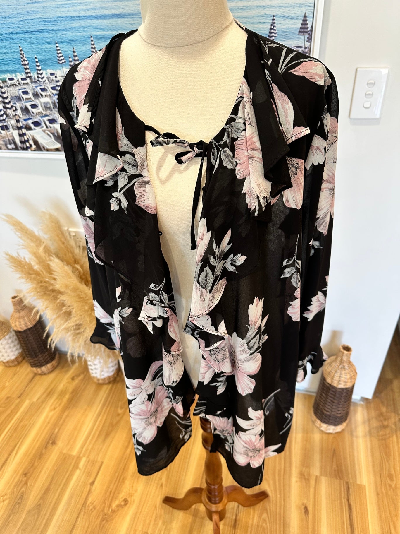 Taking Shape - Cardigan - Size 12 - Black with pink and white floral pattern - [New without tags]