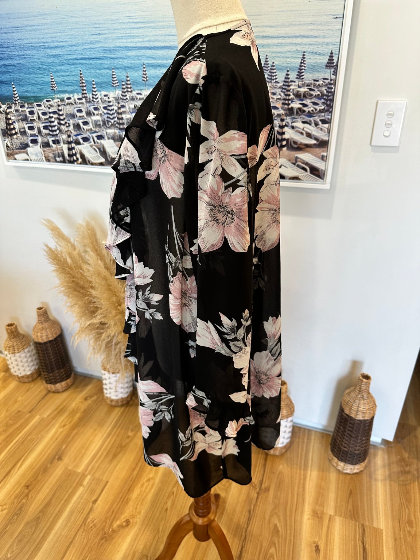 Taking Shape - Cardigan - Size 12 - Black with pink and white floral pattern - [New without tags]