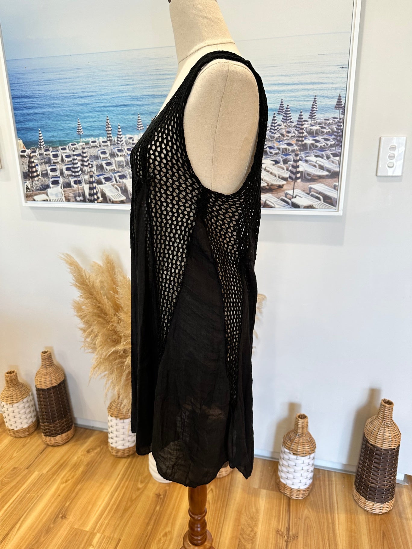 Dress with layered crochet and chiffon design - Medium / Large - Black - [New without tags]