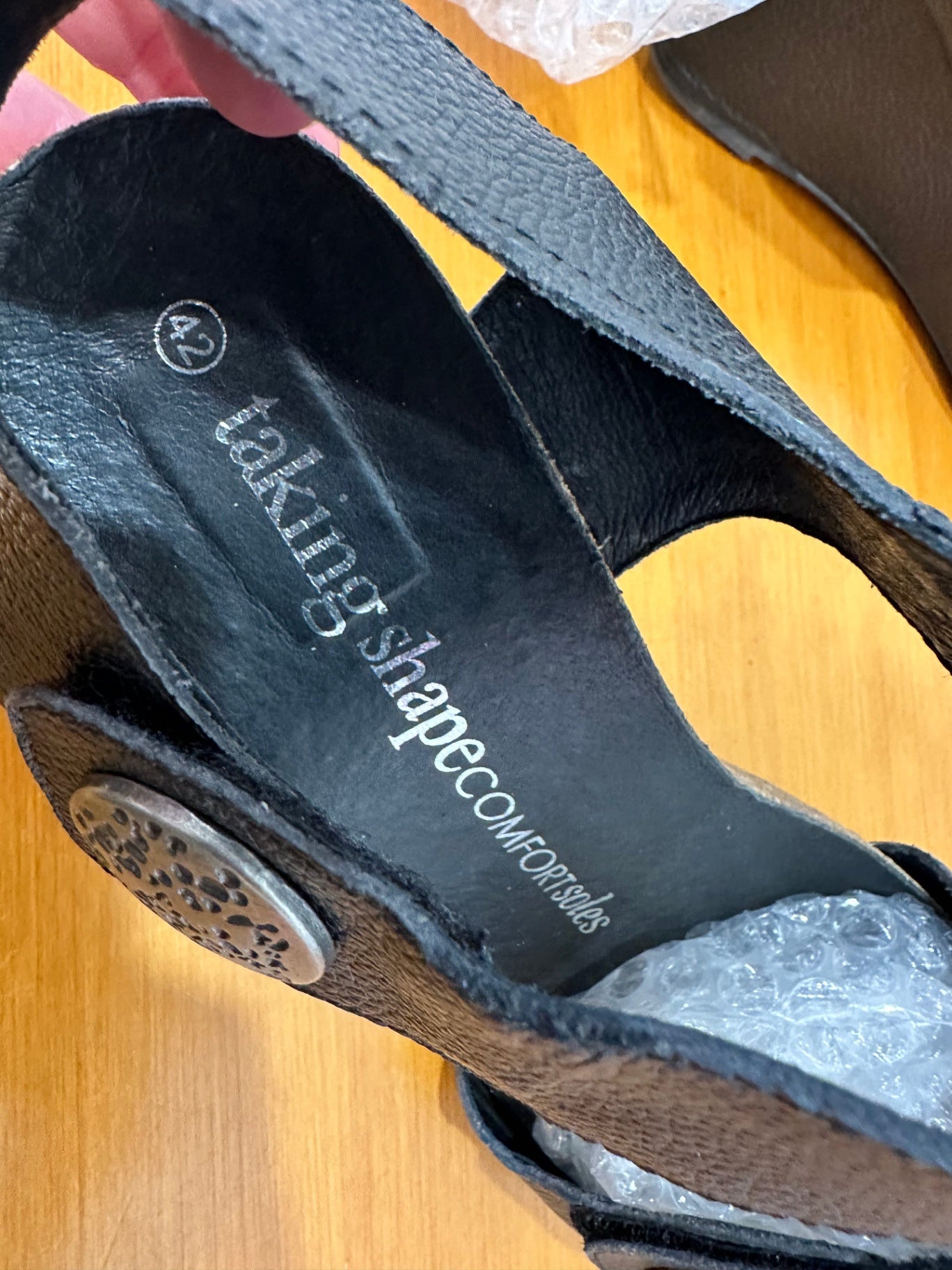 Taking Shape - Black Leather Wedge Sandals - Size EU 41