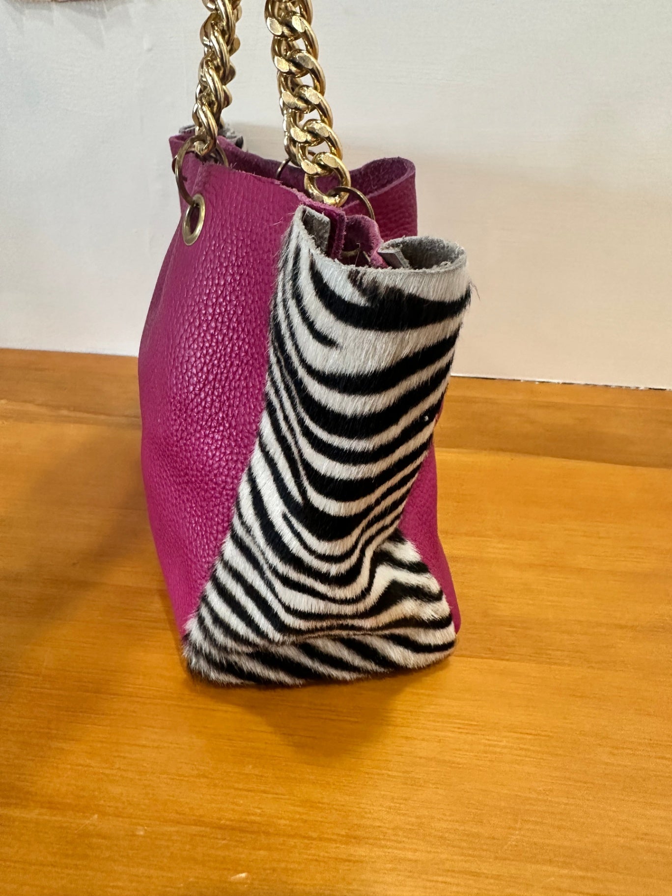 Leather Handbag - Pink w Zebra print