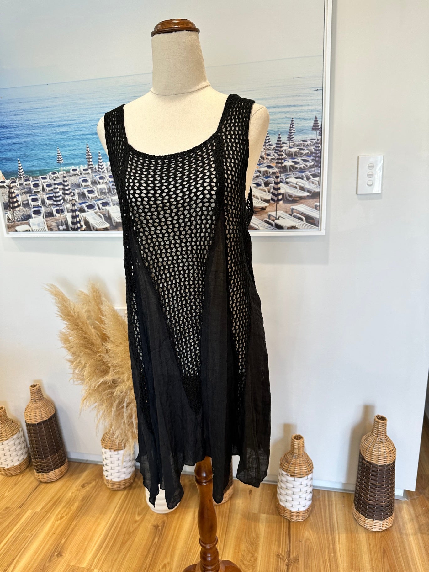 Dress with layered crochet and chiffon design - Medium / Large - Black - [New without tags]