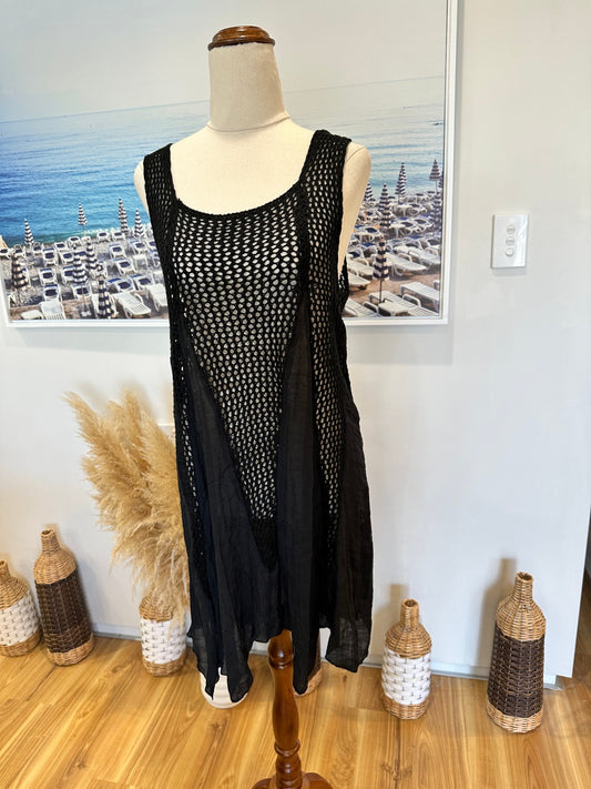 Dress with layered crochet and chiffon design - Medium / Large - Black - [New without tags]